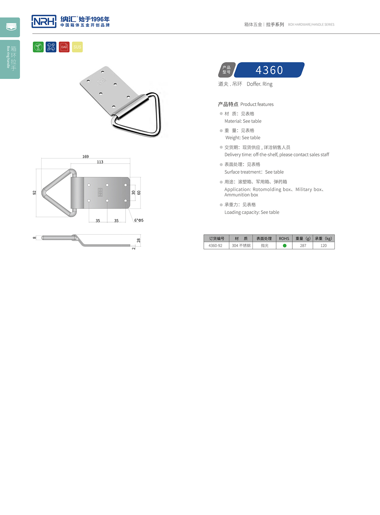 纳汇/NRH 滚塑箱吊环 4360