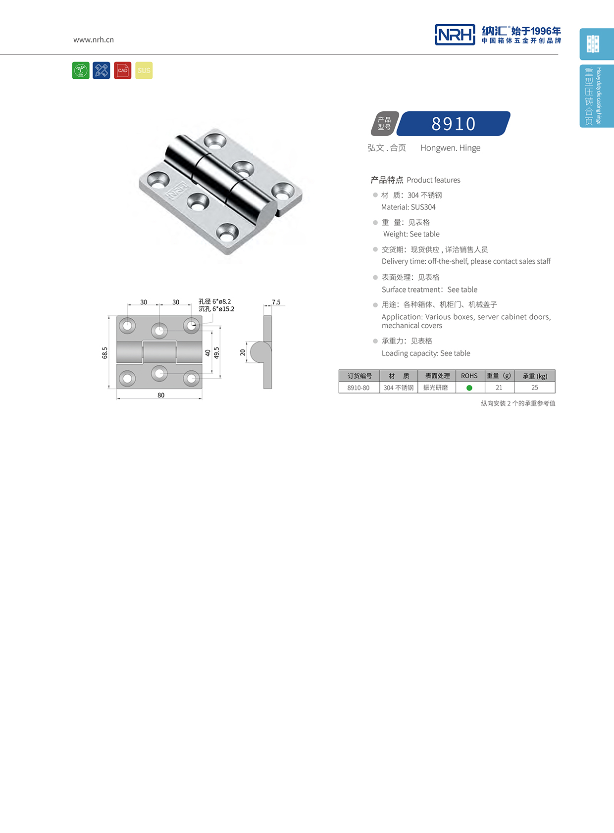  纳汇/NRH 8910-80 机柜箱铰链