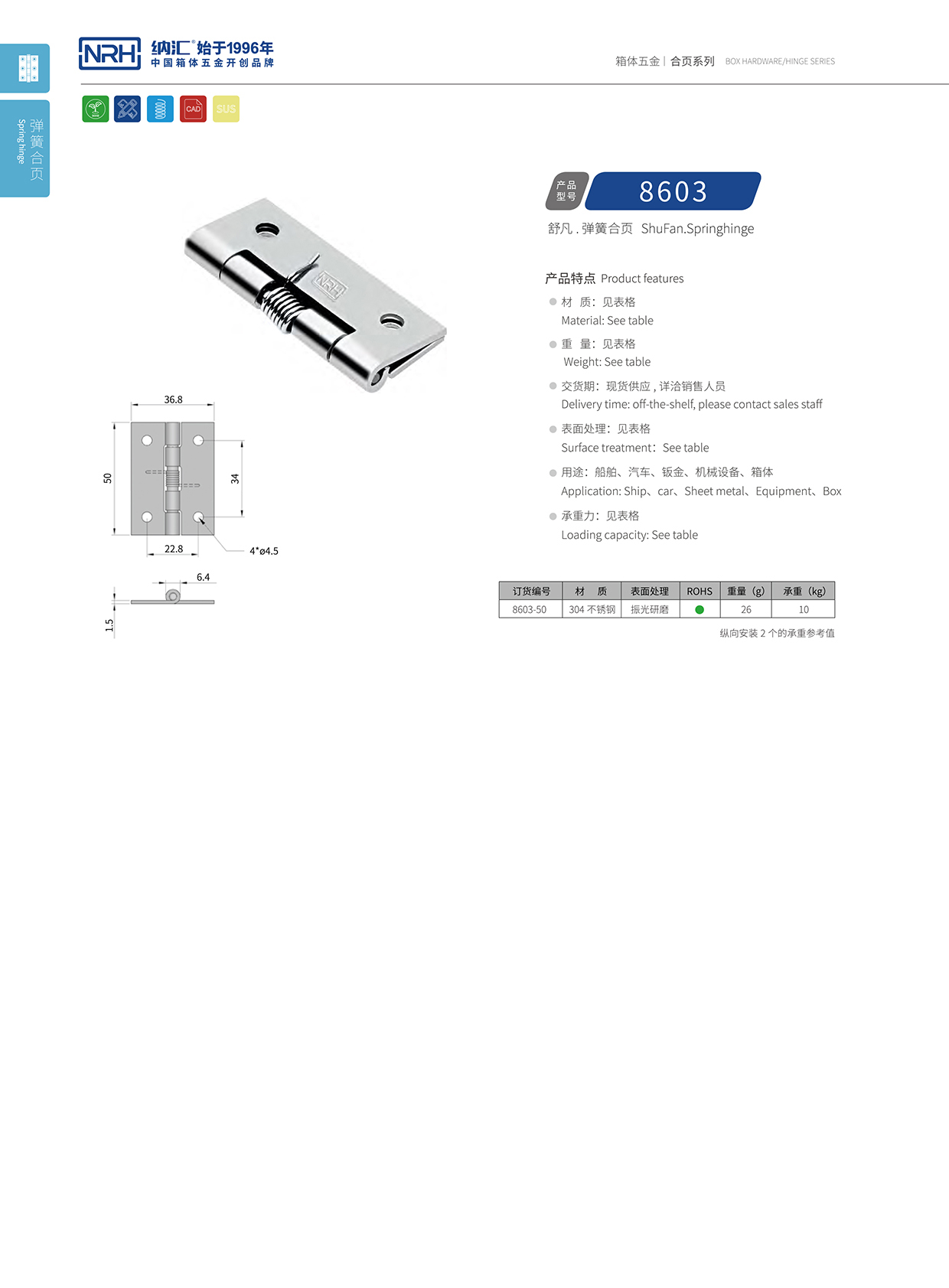 纳汇/NRH 8603-50 滚塑箱不锈钢合页