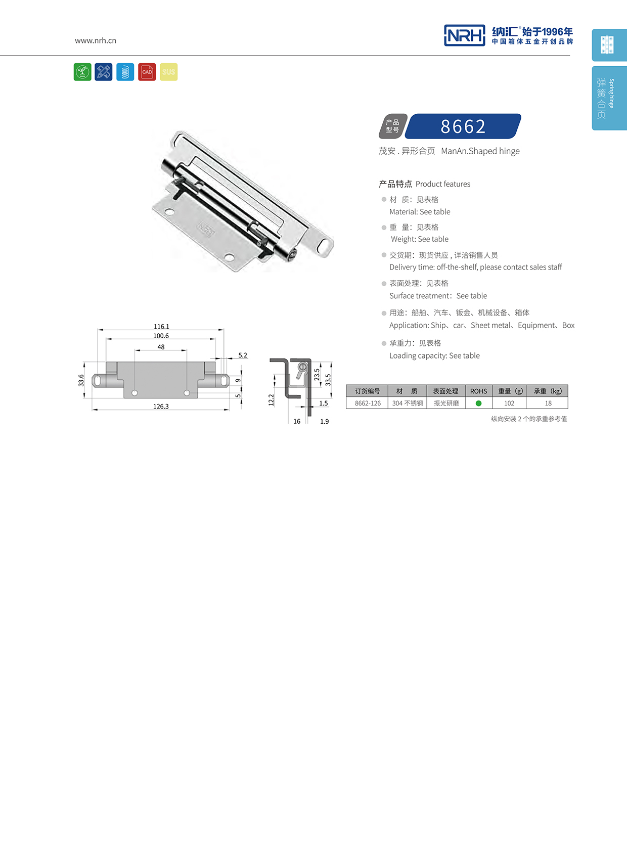 纳汇/NRH 8662-126 工业设备箱柜门合页